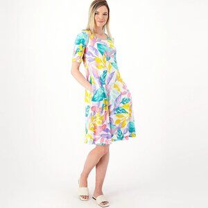 Susan Graver Multi-Tropical Tall Liquid Knit Fit & Flare Dress Size Tall Large